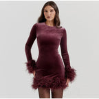 Elegant Sheath Dress with Feather-Trimmed Sleeves