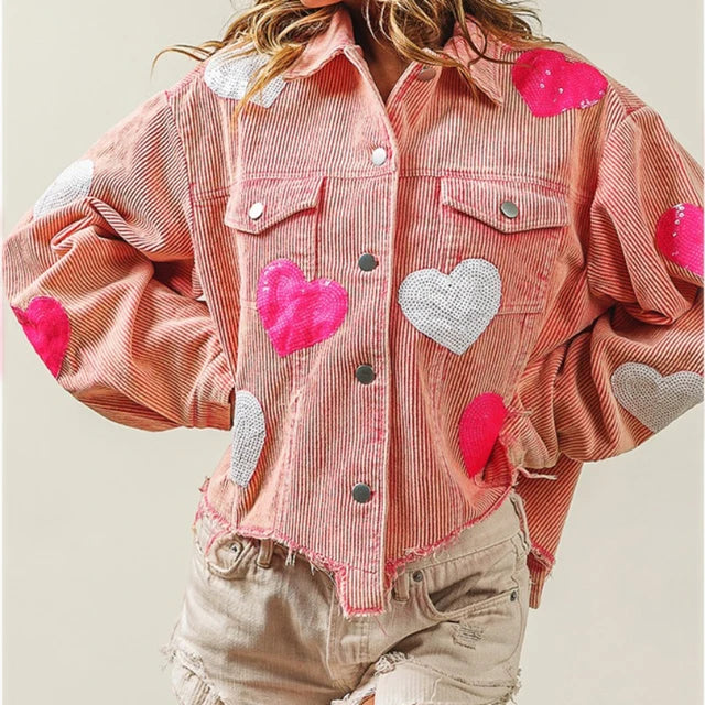 Sequin-Accented Corduroy Jacket with Heart Embellishments