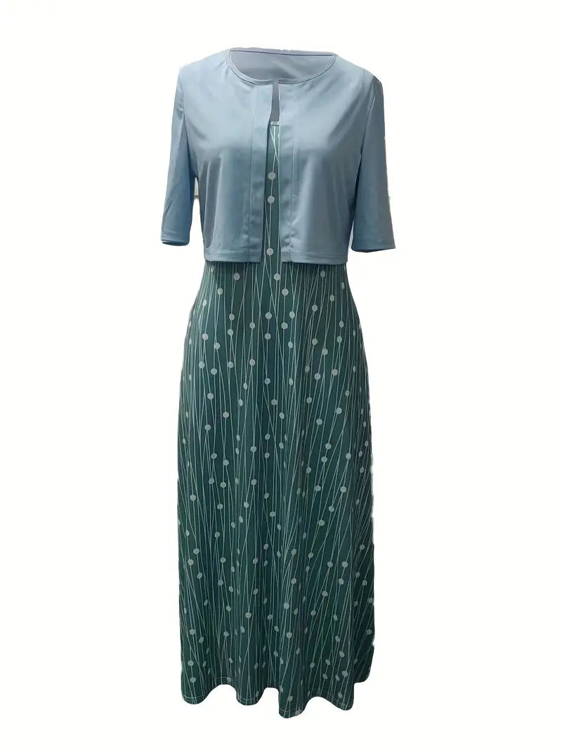 Stylish Floral Two-Piece Dress Set with Solid Crop Top and Round Neckline