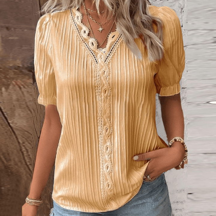 Elegant V-Neck Top with Subtle Lace Accents
