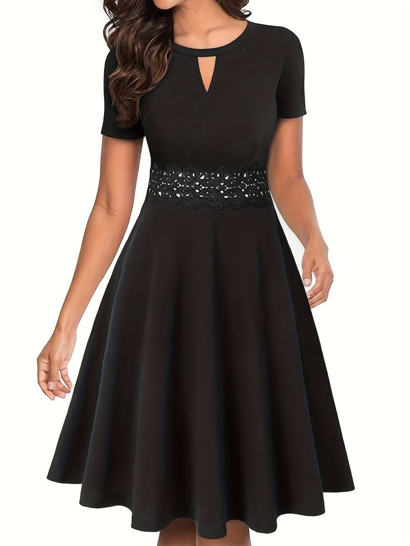 Elegant Blue Dress with Lace Details and Tailored Waist