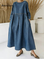 Women's Round Neck Long-sleeved Casual Loose Denim Dress
