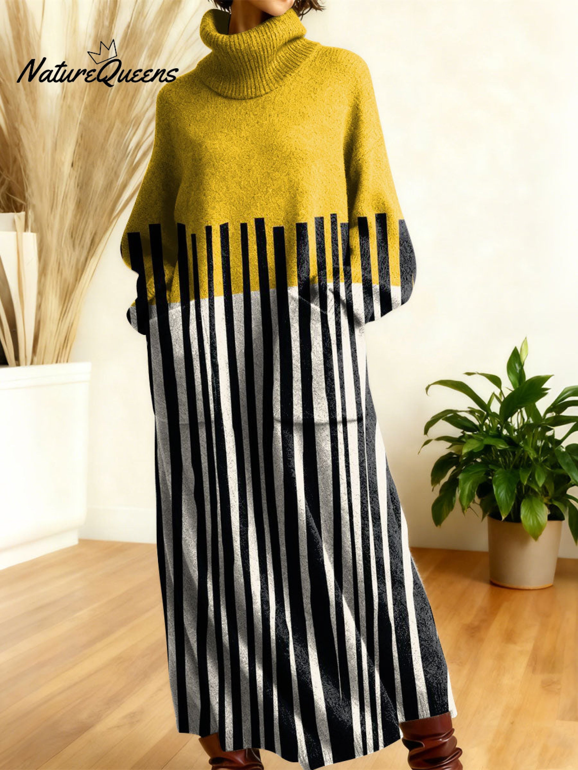 Women's Retro Abstract Geometric Colorful Splicing Patterns Art High-neck Long-sleeve Casual Loose Knit Dress