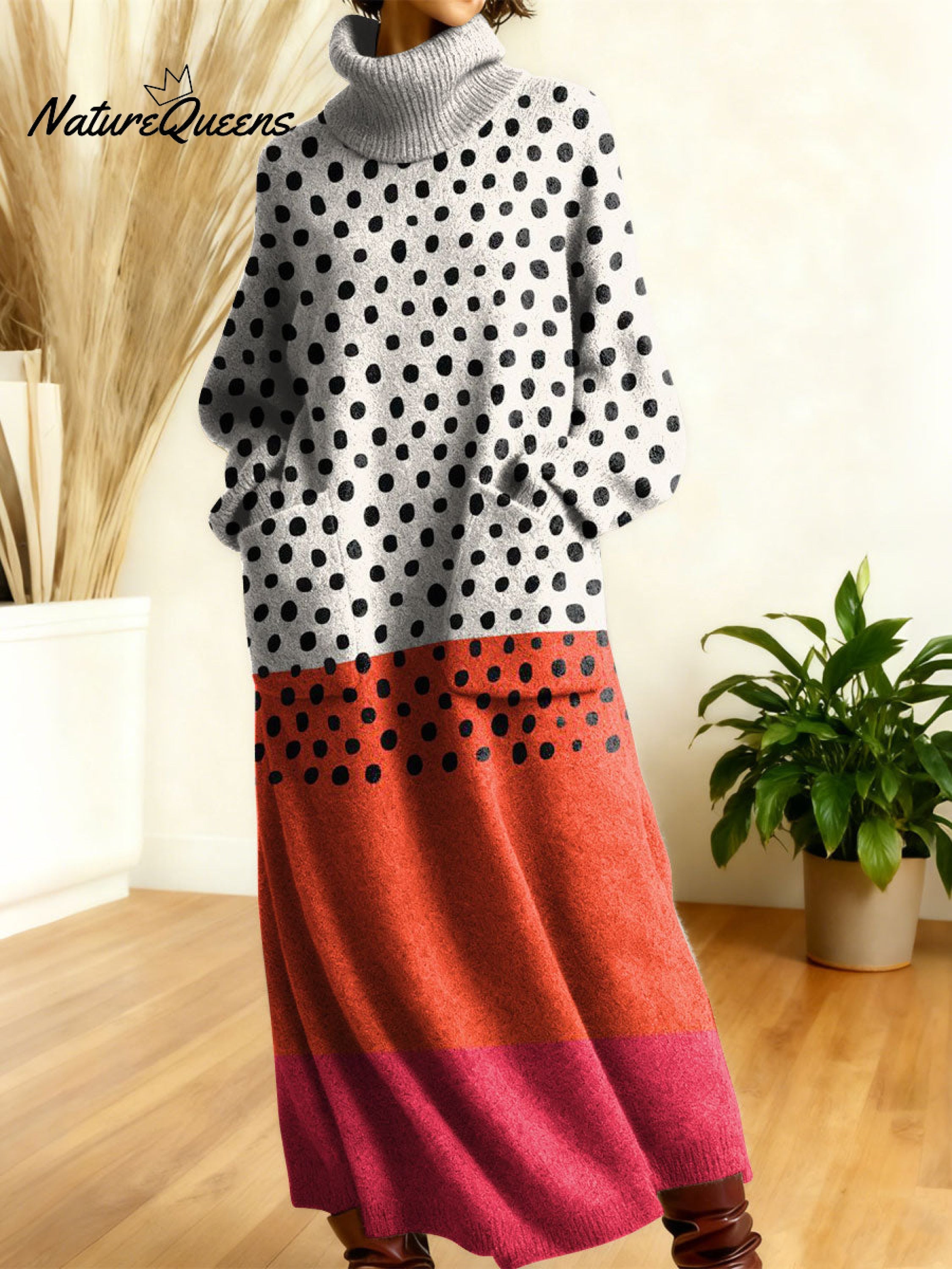 Women's Retro Abstract Geometric Colorful Splicing Patterns Art High-neck Long-sleeve Casual Loose Knit Dress