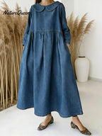 Women's Peter Pan Collar Long-sleeved Loose-fitting Casual Denim Dress