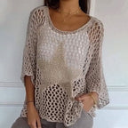 Round Neck Women's Crochet Knit Mesh Blouse