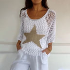 Round Neck Women's Crochet Knit Mesh Blouse