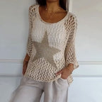 Round Neck Women's Crochet Knit Mesh Blouse